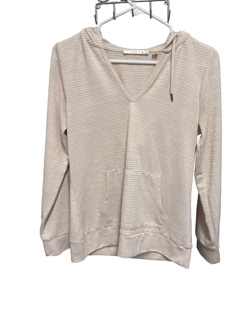 Cyrus Women's Small Beige Striped V-Neck Lightweight Hoodie w/ Pocket